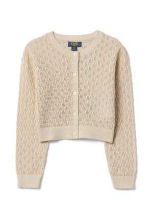 Beige gebreide kinder cardigan met lange mouwen, knoopsluiting aan de voorkant en een fijn, bladachtig opengewerkt patroon.