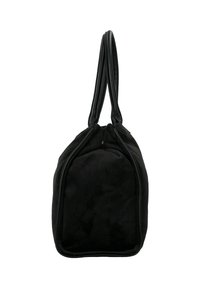 Borsa a mano in camoscio nero dalla forma arrotondata, con doppi manici e chiusura a zip, caratterizzata da una texture liscia e un design minimalista.