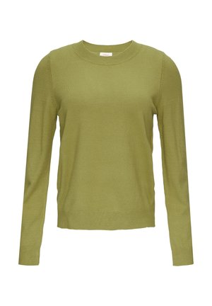 Olivgrüner Strickpullover mit langen Ärmeln und Rundhalsausschnitt. Hat eine taillierte Passform und gerippte Bündchen. Glatte Textur, einfaches Design.