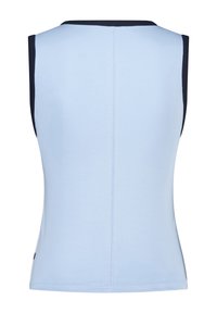 Light blue sleeveless top with navy accents on the shoulders, fitted design, smooth texture, and a central seam at the back.
