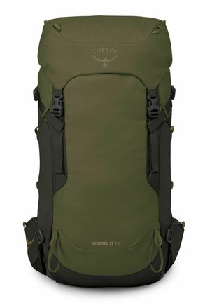 Zaino da escursionismo verde Osprey Kestrel LT 28 con coperchio superiore, cinghie di compressione laterali e tasche sulla cintura in vita.