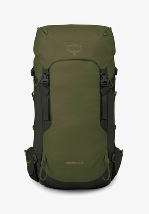 Mochila de senderismo Osprey Kestrel LT 28 verde con tapa superior, correas de compresión laterales y bolsillos en el cinturón de cadera.