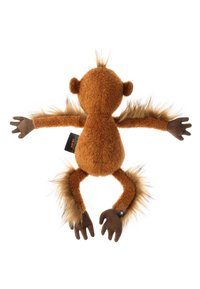 Jouet singe en peluche marron avec de longs membres, des accents de fourrure duveteuse sur les bras et les jambes, et des mains et pieds brun foncé, vu de dos.