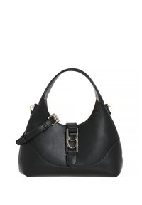 Borsa a mano in pelle nera con forma curva, manico piatto e tracolla regolabile. Accenti di metallo dorato di rilievo arricchiscono il design.