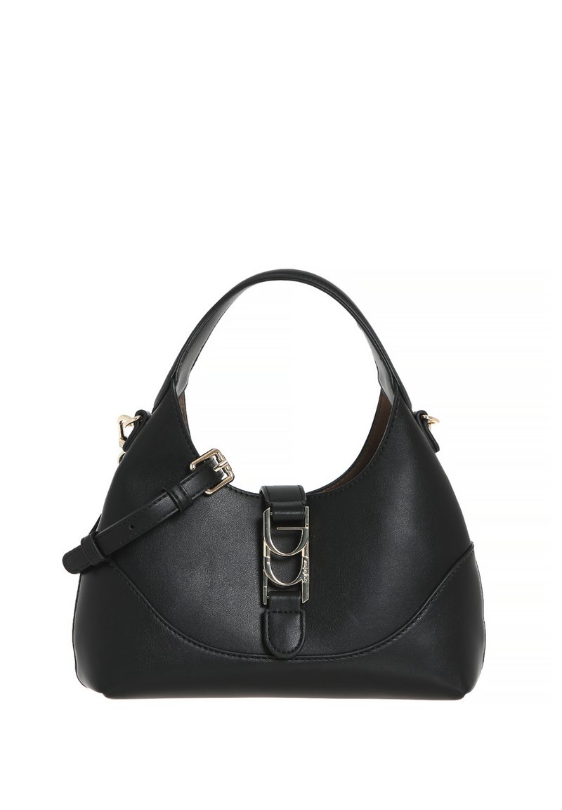 Borsa a mano in pelle nera con forma curva, manico piatto e tracolla regolabile. Accenti di metallo dorato di rilievo arricchiscono il design.