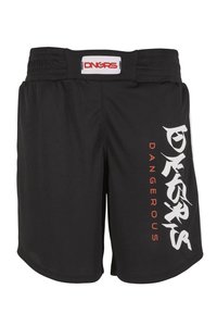 Shorts de sport noirs avec ceinture élastique, logo DNGRS Dangerous blanc et rouge imprimé verticalement sur la jambe droite.