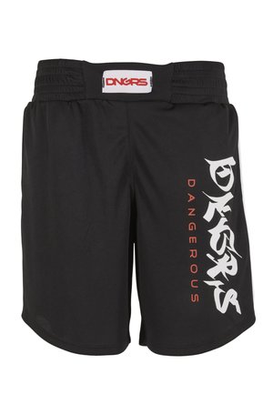 Mustad spordipüksid elastse vööümbrisega, paremal jalal vertikaalselt valge ja punase DNGRS Dangerous logoga.