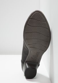 Chaussure noire avec une semelle en caoutchouc texturée. Le talon est en forme de bloc, et la partie supérieure présente un matériau lisse semblable à du cuir. Motif de semelle distinct.