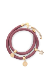 Leather bracelet in mauve with gold accents. Features two loops, circular and star pendants, and a lobster clasp with an adjustable chain.