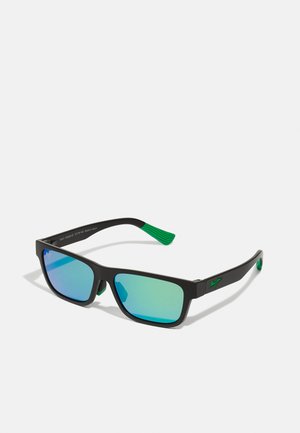 Black sunglasses with green accents, rectangular shape, mirrored gradient lenses shifting from blue to teal, textured green temple tips.