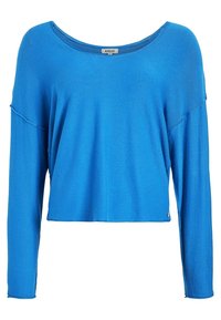 Niebieski długi rękaw crop top wykonany z miękkiego materiału; charakteryzuje się szerokim dekoltem i luźnym krojem. Prosty design bez wzorów czy akcentów metalowych.