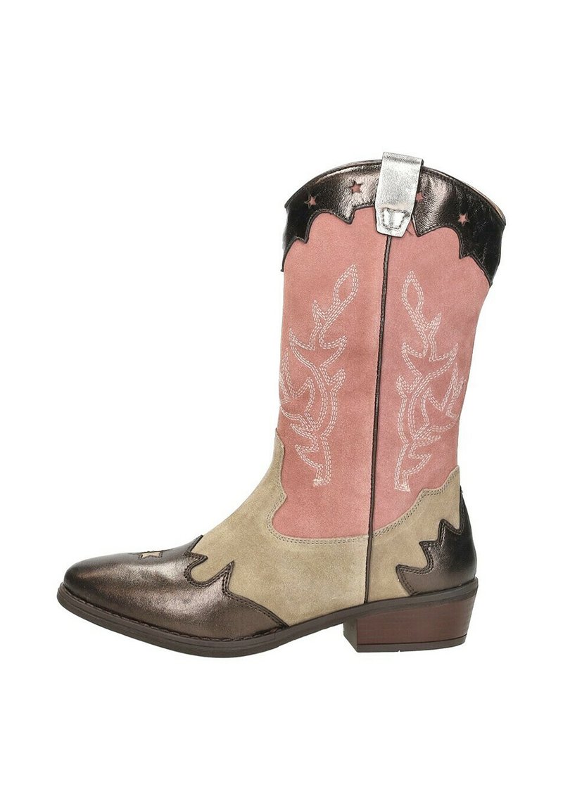 Westerse enkelboot met een roze suède bovenwerk, metallic bruine neus en hak, en geborduurd bloemontwerp. Kenmerkt gegolfde randen en een zilveren accent.