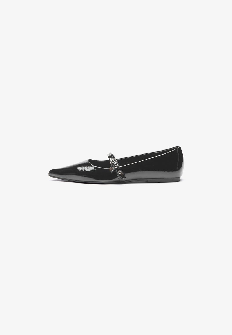 Black patent leather flat shoe with a pointed toe, featuring a decorative strap with metal accents. Smooth texture and minimalistic design.