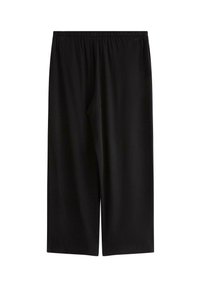 Pantaloni neri a gamba larga con vita elastica e orlo dritto, progettati per un look casual o professionale.