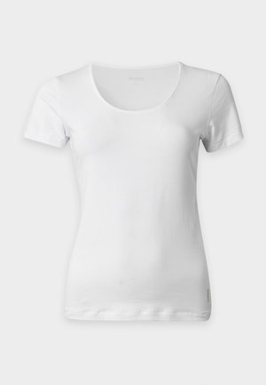 Effen witte dames T-shirt met korte mouwen, ronde hals, getailleerde pasvorm en klein logo vlak bij de onderzoom aan de rechterkant.