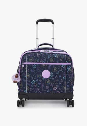 Navy wheeled luggage with colorful floral and star patterns, featuring a purple zipper and a gorilla keychain. Retractable handle and black wheels.