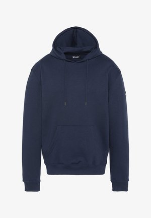 Felpa blu navy in tessuto misto cotone. Caratterizzata da un cappuccio con cordino, tasca frontale a marsupio e polsini e orlo ribattuti. Design semplice.