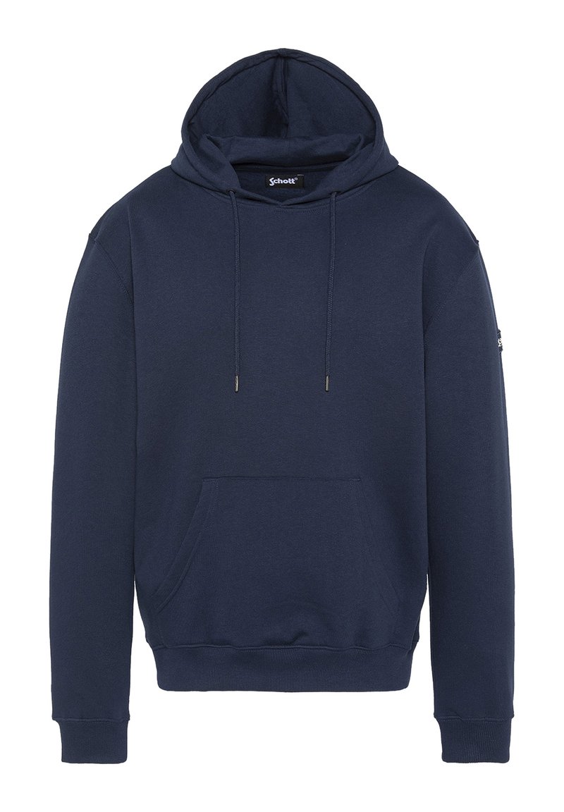 Felpa blu navy in tessuto misto cotone. Caratterizzata da un cappuccio con cordino, tasca frontale a marsupio e polsini e orlo ribattuti. Design semplice.