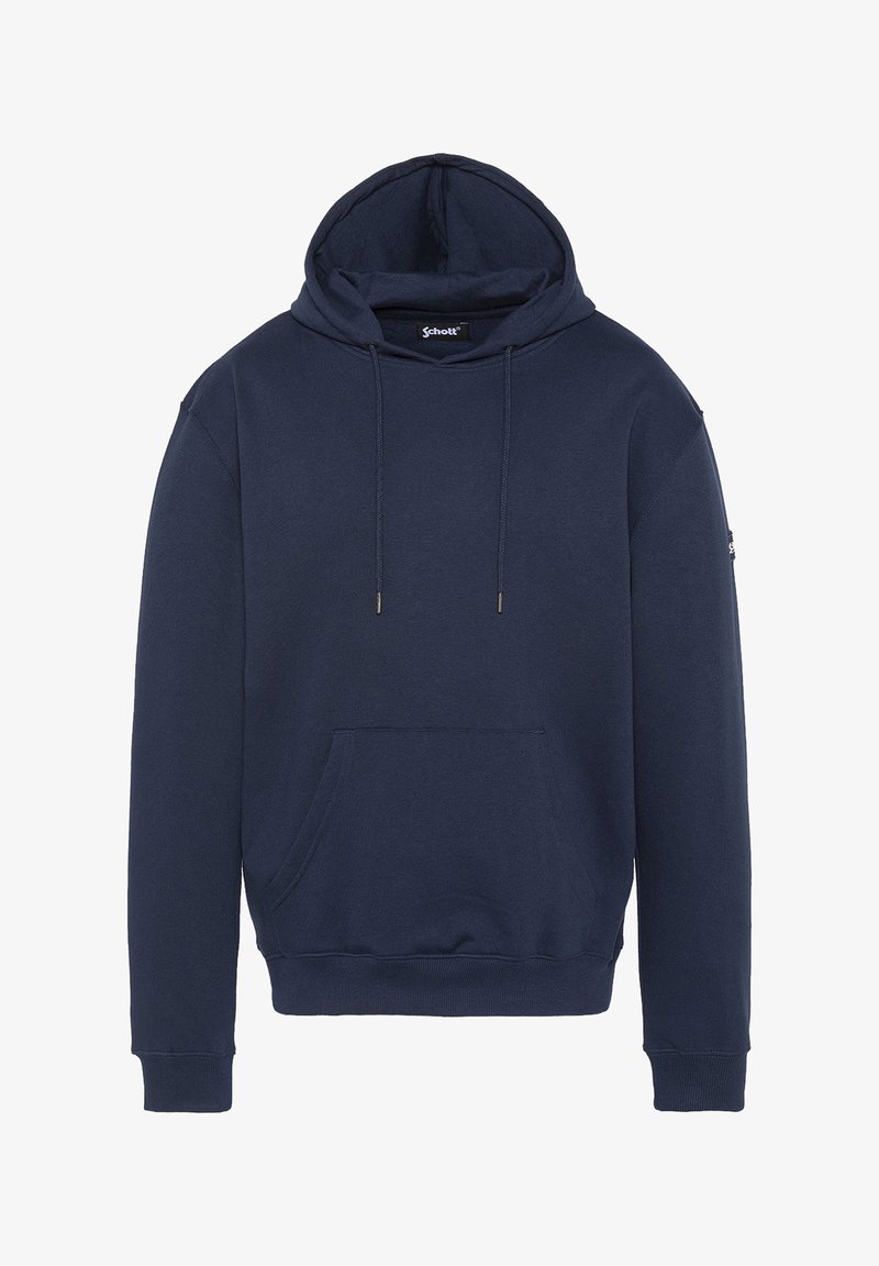 Felpa blu navy in tessuto misto cotone. Caratterizzata da un cappuccio con cordino, tasca frontale a marsupio e polsini e orlo ribattuti. Design semplice.