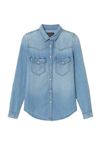 Chemise en jean bleu clair avec un col classique, des manches longues, deux poches frontales et des fermetures à boutons-pression. Présente un ourlet légèrement arrondi.