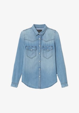 Lichtblauwe denim shirt met een klassieke kraag, lange mouwen, twee voorzakken en drukknoopsluitingen. Heeft een licht afgeronde zoom.