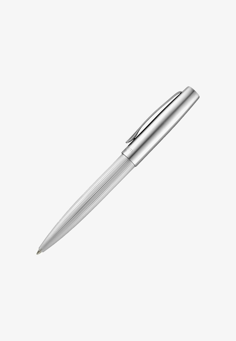 Silver ballpoint pen with grooved barrel and smooth metal cap featuring a clip, isolated on white background.