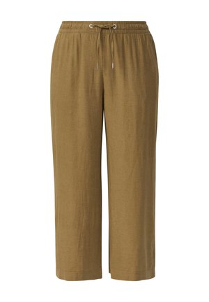 Pantalons courts légers marron avec une taille élastique et un cordon de serrage. Texture lisse et design à jambe droite. Pas de motifs visibles.