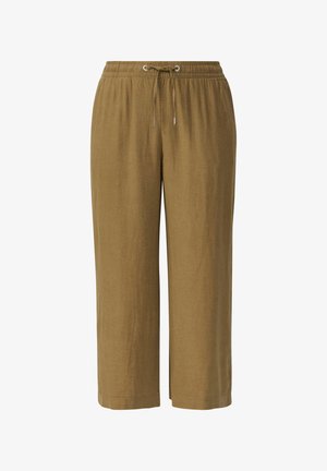 Pantalons courts légers marron avec une taille élastique et un cordon de serrage. Texture lisse et design à jambe droite. Pas de motifs visibles.