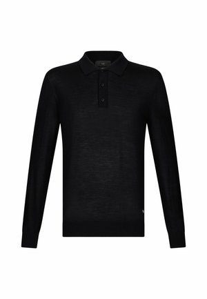 Must musta varrukatega polo särk, mis on valmistatud siledast kangast. Särgil on kolm nuppu ja ribaga krae. Minimalistlik disain, ilma mustriteta.