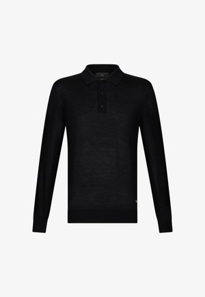 Čierna polokošeľa s dlhým rukávom vyrobená z hladkej látky, s trojramenným gombíkom a rebrovaným golierom. Minimalistický dizajn bez vzorov.