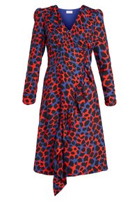 Röd och svart leopardmönstrad klänning med långa ärmar, V-ringning och draperad detalj på sidan, med en omslagstil och knytning i nederkant.