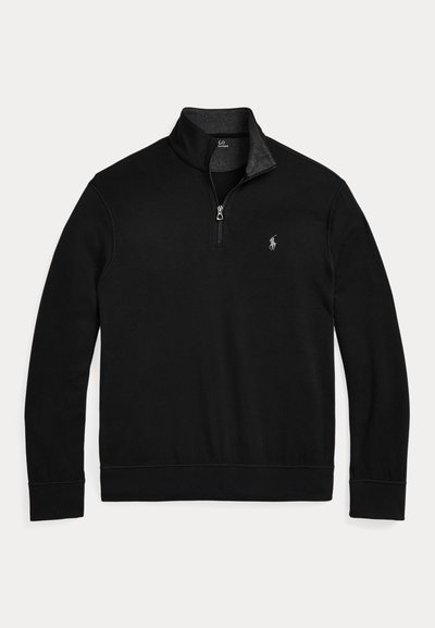 Schwarzer Langarm-Quarter-Zip-Pullover mit Stehkragen und kleinem weiß besticktem Pferdelogo auf der linken Brust.