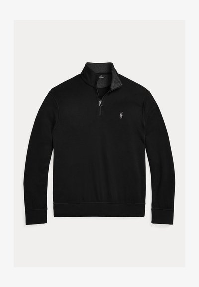 Sort langærmet quarter-zip pullover med opretstående krave og lille hvid broderet hestelogo på venstre bryst.