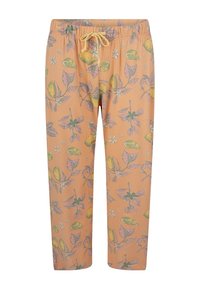 Lichtgewicht, oranje katoenen pantalon met een koord in de taille, voorzien van een citroen- en bladerenpatroon, een soepele textuur en een taps toelopend ontwerp.