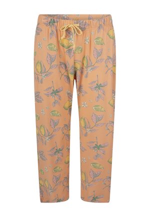 Lichtgewicht, oranje katoenen pantalon met een koord in de taille, voorzien van een citroen- en bladerenpatroon, een soepele textuur en een taps toelopend ontwerp.