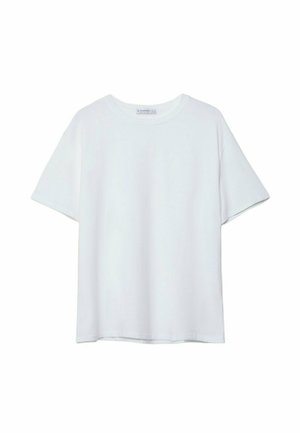 T-shirt en coton blanc avec un col rond, des manches courtes et une coupe décontractée. Texture lisse avec un design uni et sans motifs ni accents visibles.