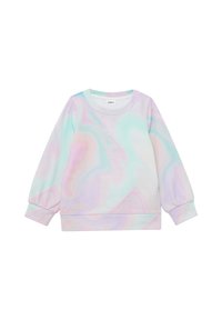 Lekki, pastelowy sweatshirt z wirującym wzorem. Prążkowany okrągły dekolt i mankiety, z napisem "SNY SIĘ SPEŁNIAJĄ" wydrukowanym na środku.