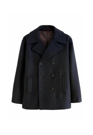 Dvivietis mėlynas prekybinis paltas iš vilnos mišinio, su plačiu apykakle, dviem priekinėmis kišenėmis ir tamsiomis sagomis, su raštuota vidine pamušalu.