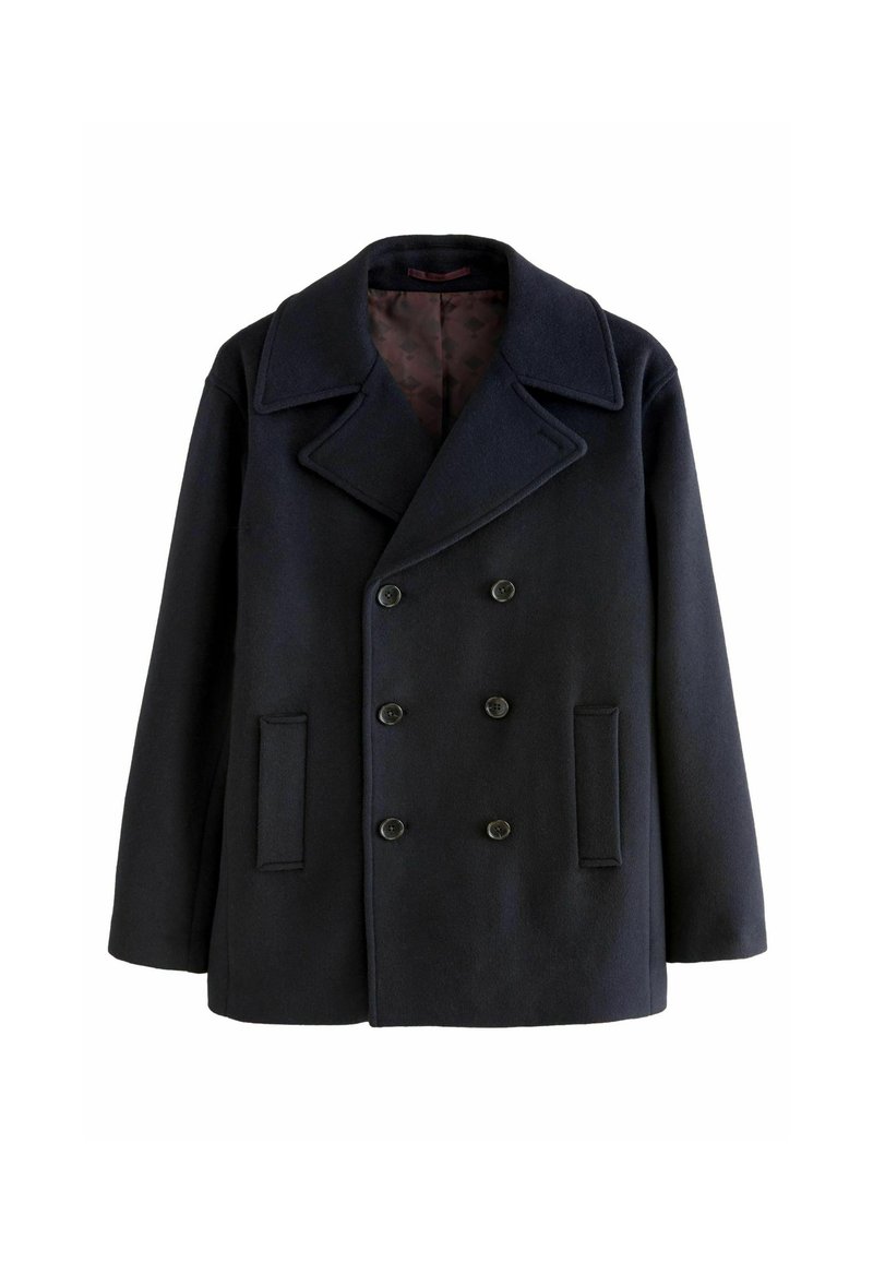 Abrigo marino de lana mezclada con doble botonadura, que presenta un amplio cuello, dos bolsillos frontales y botones oscuros, con un forro interior estampado.