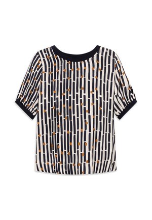 Kurzärmelige weiße Bluse mit vertikalen schwarzen Linien und kleinen braunen quadratischen Punkten, schwarzer Kragen und Ärmeln.