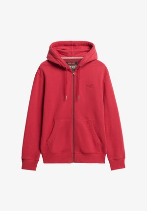 Rød zip-up hættetrøje med frontlommer, ribstrikkede manchetter og en blød tekstur. Har broderet logo på brystet.