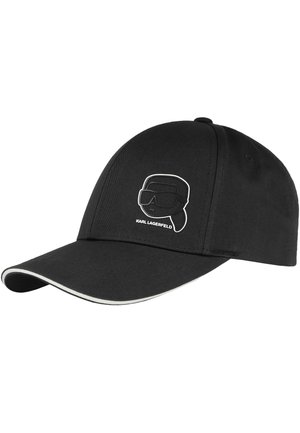 Schwarze Baseballkappe mit gebogenem Schirm, weißem Rand und weiß umrandetem Logo eines Gesichts mit Sonnenbrille und Pferdeschwanz.
