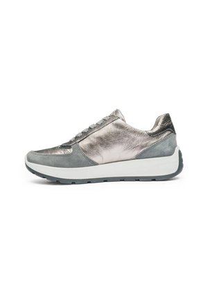 Low-cut sneaker with metallic silver leather and gray suede panels, gray laces, white midsole, and black rubber outsole.