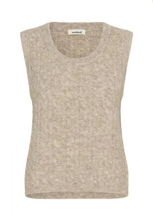 Beige pletená bezrukávová svetr vest s kulatým výstřihem a měkkou, texturovanou tkaninou.