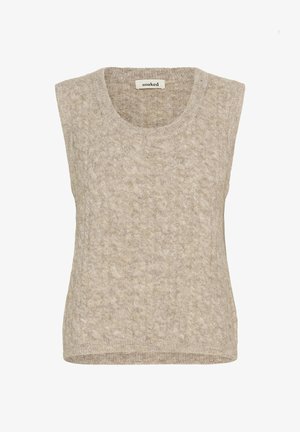 Bēšs kabeļu adījuma bezpiedurkņu džemperis ar apaļu dekoltē un mīkstu, teksturētu audumu.