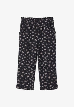 Schwarze, verkürzte Hose mit kleinem weißem Blumenmuster, elastischem Rüschensaum am Bund, seitlichen Taschen und umgeschlagenen Säumen.