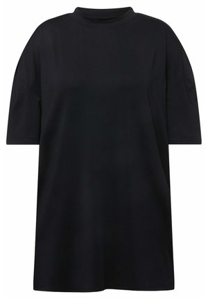 Black oversized t-shirt with a high neck, short sleeves, and a smooth texture. Simple design with no visible patterns or accents.