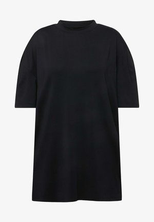 Schwarz oversized T-Shirt mit hohem Kragen, kurzen Ärmeln und glatter Textur. Einfaches Design ohne sichtbare Muster oder Akzente.
