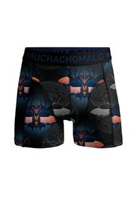 Črne bokserice s pisanimi motivi žuželk, elastičen pas s napisom "MUCHACHOMALO" in prilegajoča se zasnova.