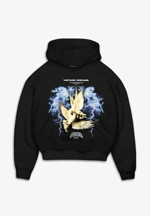 Czarna bluzka z kapturem z grafiką gołębi na burzowym niebieskim tle z błyskawicami. Napis brzmi "VINTAGE DREAMS."